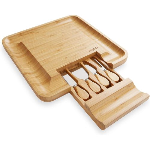  [아마존베스트]Casafield Organic Bamboo Cheese Cutting Board & Knife Gift Set - Wooden Serving Tray for Charcuterie Meat Platter, Fruit & Crackers - Slide Out Drawer with 4 Stainless Steel Knives