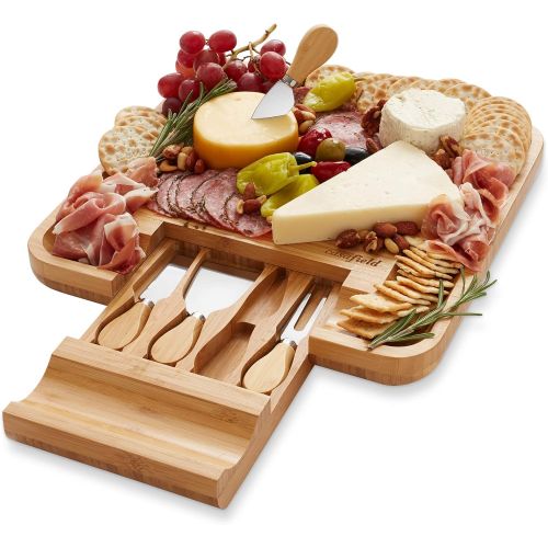  [아마존베스트]Casafield Organic Bamboo Cheese Cutting Board & Knife Gift Set - Wooden Serving Tray for Charcuterie Meat Platter, Fruit & Crackers - Slide Out Drawer with 4 Stainless Steel Knives