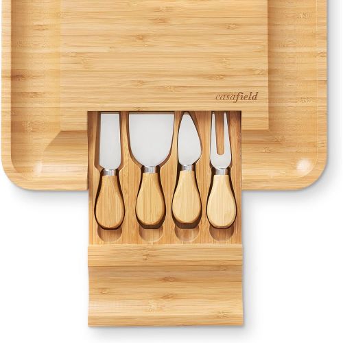  [아마존베스트]Casafield Organic Bamboo Cheese Cutting Board & Knife Gift Set - Wooden Serving Tray for Charcuterie Meat Platter, Fruit & Crackers - Slide Out Drawer with 4 Stainless Steel Knives