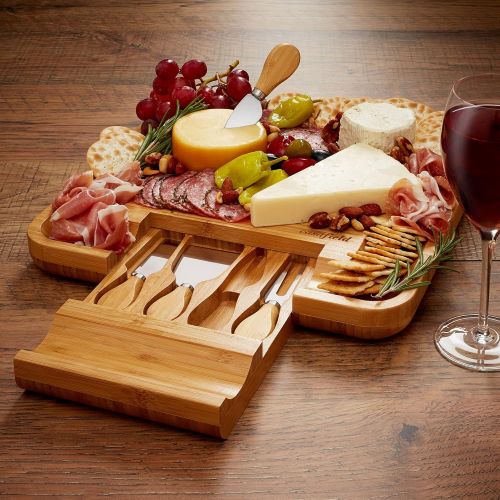  [아마존베스트]Casafield Organic Bamboo Cheese Cutting Board & Knife Gift Set - Wooden Serving Tray for Charcuterie Meat Platter, Fruit & Crackers - Slide Out Drawer with 4 Stainless Steel Knives