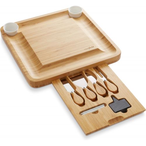  [아마존베스트]Casafield Organic Bamboo Cheese Board Gift Set - Wooden Charcuterie Platter Serving Tray for Meat, Fruit & Crackers - Includes 2 Ceramic Bowls, 4 Stainless Steel Knives, Slate Labe