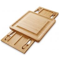 [아마존베스트]Casafield Organic Bamboo Cheese Board and Knife Gift Set - Charcuterie Platter Wooden Serving Tray for Meat, Fruit, Crackers with 2 Slide-Out Snack Trays and 4 Stainless Steel Kniv