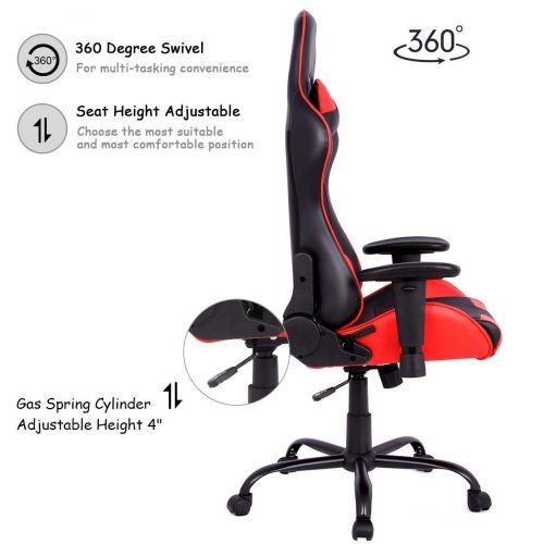  Casart Gaming Chair Racing PU Leather High Back Office Executive Chair wLumbar Support and Headrest 360 Degree Swiveling Wheels Fully Reclining Backrest Adjustable Height (Red)