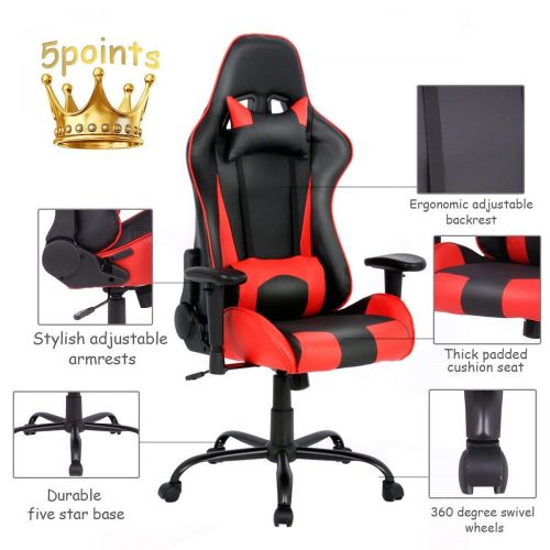  Casart Gaming Chair Racing PU Leather High Back Office Executive Chair wLumbar Support and Headrest 360 Degree Swiveling Wheels Fully Reclining Backrest Adjustable Height (Red)