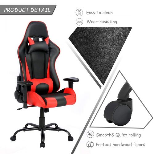  Casart Gaming Chair Racing PU Leather High Back Office Executive Chair wLumbar Support and Headrest 360 Degree Swiveling Wheels Fully Reclining Backrest Adjustable Height (Red)