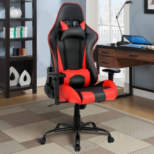  Casart Gaming Chair Racing PU Leather High Back Office Executive Chair wLumbar Support and Headrest 360 Degree Swiveling Wheels Fully Reclining Backrest Adjustable Height (Red)