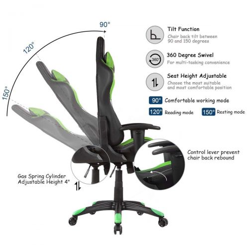  Casart Gaming Chair Racing Chair Ergonomic Office Chair wHigh Back Lumbar Support and Pillow Executive Computer Task Desk Gaming Chair (Green)