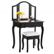Casart Bathroom Vanity Makeup Table Set w/Tri-Folding Mirror & Cushioned Stool Dressing Table (Black)