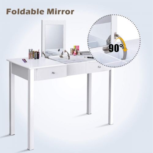  Casart Vanity Dressing Table with Flip Makeup Mirror, Simple Style Multifunctional as Writing Desk with 9 Removable Divider Organizers for Storage, Vanity Tables Organizer w/ 2 Dra