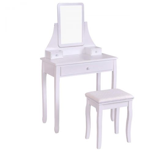  Casart Vanity Dressing Table Set Home Bedroom Bathroom 360 Rotate Mirror Pine Wood Legs Padded Stool Dressing Table Girls Make Up Vanity Set w/Stool (White)