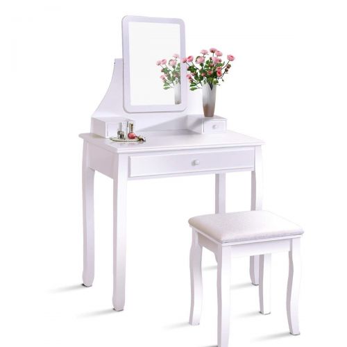  Casart Vanity Dressing Table Set Home Bedroom Bathroom 360 Rotate Mirror Pine Wood Legs Padded Stool Dressing Table Girls Make Up Vanity Set w/Stool (White)