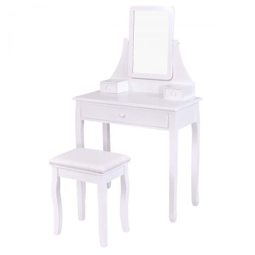  Casart Vanity Dressing Table Set Home Bedroom Bathroom 360 Rotate Mirror Pine Wood Legs Padded Stool Dressing Table Girls Make Up Vanity Set w/Stool (White)