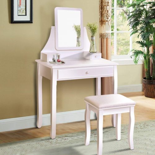  Casart Vanity Dressing Table Set Home Bedroom Bathroom 360 Rotate Mirror Pine Wood Legs Padded Stool Dressing Table Girls Make Up Vanity Set w/Stool (White)