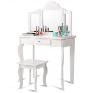 Casart Wooden Vanity Table & Stool Set, Princess Makeup Dressing Table with Two 180° Folding Mirror, White
