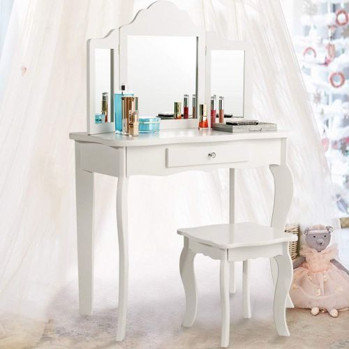  Casart Wooden Vanity Table & Stool Set, Princess Makeup Dressing Table with Two 180° Folding Mirror, White