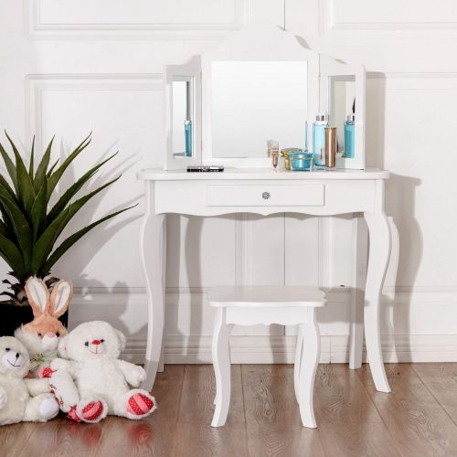 Casart Wooden Vanity Table & Stool Set, Princess Makeup Dressing Table with Two 180° Folding Mirror, White