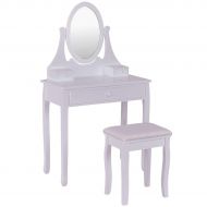 Casart Bathroom Vanity Wooden Makeup Dressing Table Stool Set with Mirror and 3 Drawer Makeup Table Set (White)