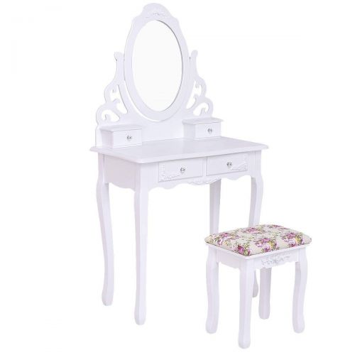  Casart Vanity Dressing Table with Mirror and Stool, 360° Rotating Oval Makeup Mirror Classic Style Delicate Carved Cushioned Benches Wood Legs, Vanity Tables with Divided Drawers,