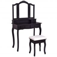 Casart Bathroom Vanity Set Tri-Folding Mirror W/Bench 4 Drawer Home Dressing Table Make-up Vanity Table Set (Black)