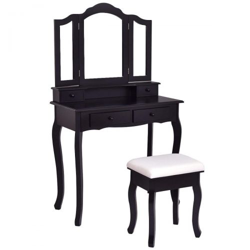  Casart Bathroom Vanity Set Tri-Folding Mirror W/Bench 4 Drawer Home Dressing Table Make-up Vanity Table Set (Black)