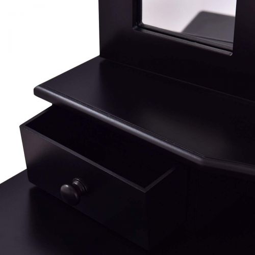  Casart Bathroom Vanity Set Tri-Folding Mirror W/Bench 4 Drawer Home Dressing Table Make-up Vanity Table Set (Black)