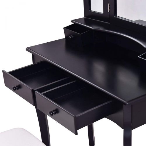  Casart Bathroom Vanity Set Tri-Folding Mirror W/Bench 4 Drawer Home Dressing Table Make-up Vanity Table Set (Black)