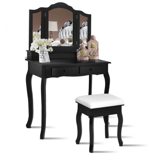  Casart Bathroom Vanity Set Tri-Folding Mirror W/Bench 4 Drawer Home Dressing Table Make-up Vanity Table Set (Black)