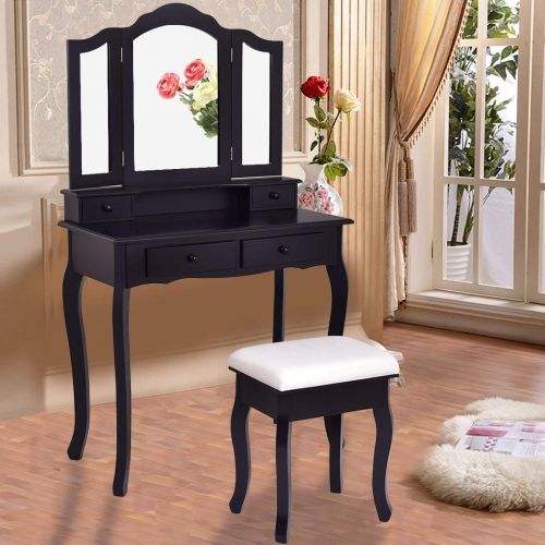  Casart Bathroom Vanity Set Tri-Folding Mirror W/Bench 4 Drawer Home Dressing Table Make-up Vanity Table Set (Black)