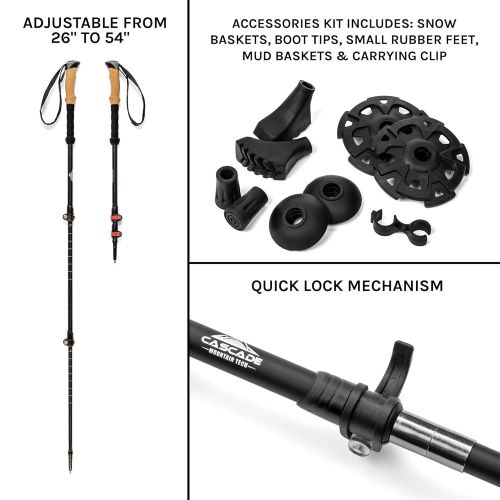  Cascade Mountain Tech Carbon Fiber Adjustable Trekking Poles 2 Pack - Lightweight Quick Lock Walking or Hiking Stick - 1 Pair