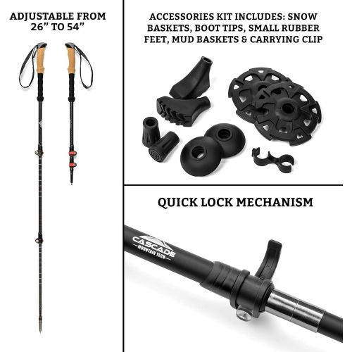  [아마존베스트]Cascade Mountain Tech 3K Carbon Fiber Trekking Poles Ultralight with Cork Grip and Quick Lock for Hiking and Walking