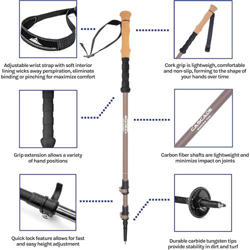  Cascade Mountain Tech Trekking Poles - Carbon Fiber Monopod Walking or Hiking Sticks with with Accessories Mount and Adjustable Quick Locks