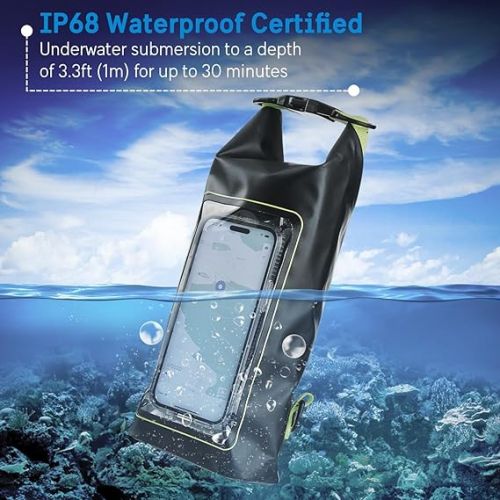  Pelican Marine IP68 Waterproof Dry Bag 2L - Roll Top Waterproof Backpack w/ Phone Case/Pouch - Boating & Kayak Accessories - Essentials for Camping Swimming Beach Fishing Rafting Travel - Black/Yellow