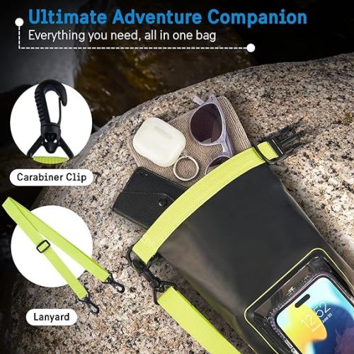  Pelican Marine IP68 Waterproof Dry Bag 2L - Roll Top Waterproof Backpack w/ Phone Case/Pouch - Boating & Kayak Accessories - Essentials for Camping Swimming Beach Fishing Rafting Travel - Black/Yellow