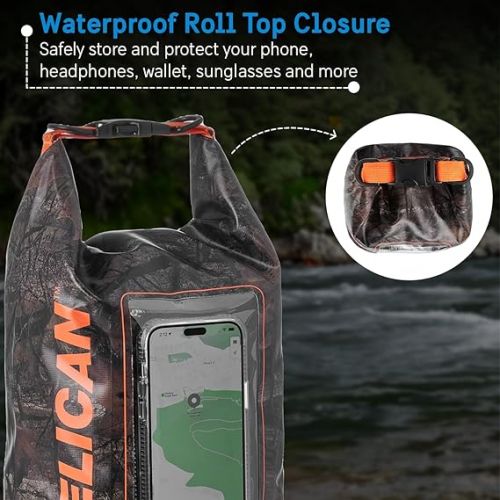  Pelican Marine IP68 Waterproof Dry Bag 5L - Roll Top Waterproof Backpack w/Phone Case/Pouch - Boating & Kayak Accessories - Essentials for Camping Swimming Beach Fishing Rafting Travel - Hunter Camo