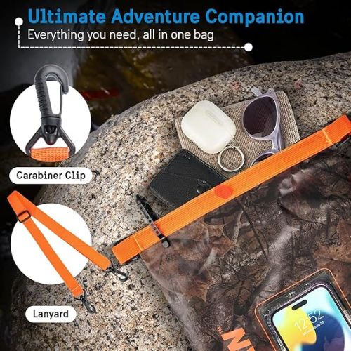  Pelican Marine IP68 Waterproof Dry Bag 5L - Roll Top Waterproof Backpack w/Phone Case/Pouch - Boating & Kayak Accessories - Essentials for Camping Swimming Beach Fishing Rafting Travel - Hunter Camo