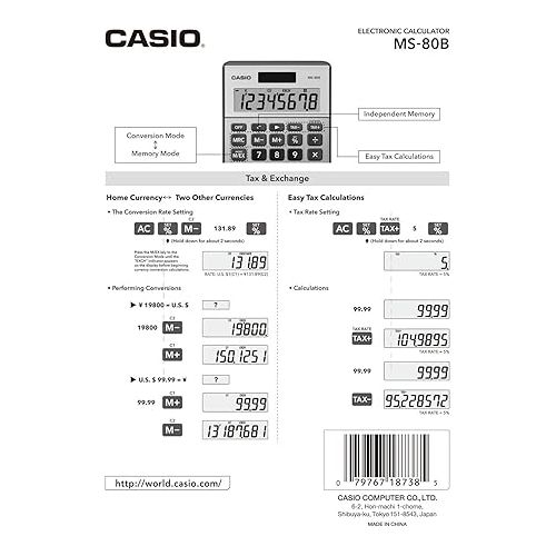 카시오 Casio MS-80B Standard Function Desktop Calculator,Black 147D×103W×28.8H mm