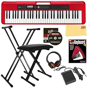 Casio Casiotone CT-S200 61-Key Portable Digital Keyboard - Red Bundle with Adjustable Stand, Bench, Headphone, Sustain Pedal, Instructional Book, Austin Bazaar Instructional DVD, and Polishing Cloth