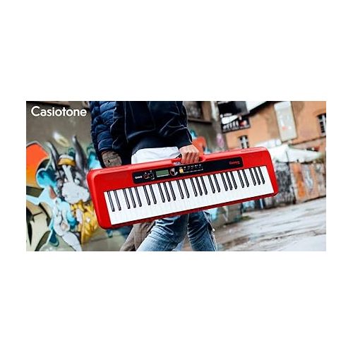 카시오 Casio Casiotone CT-S200 61-Key Portable Digital Keyboard - Red Bundle with Adjustable Stand, Bench, Headphone, Sustain Pedal, Instructional Book, Austin Bazaar Instructional DVD, and Polishing Cloth