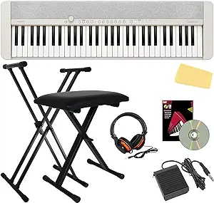 Casio Casiotone CT-S1 61-Key Portable Digital Keyboard - White Bundle with Adjustable Stand, Bench, Sustain Pedal, Headphone, Instructional Book, Austin Bazaar Instructional DVD, and Polishing Cloth