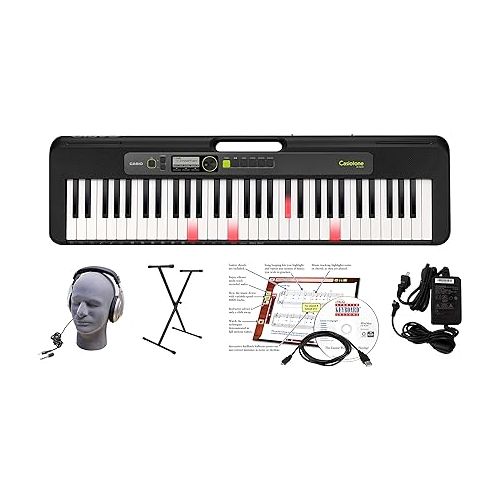 카시오 Casio LK-S250 61-Key Premium Lighted Keyboard Pack with Headphones, Stand, Power Supply (CAS LKS250 EPA) & RockJam KB100 Adjustable Padded Keyboard Bench, X-Style, Black