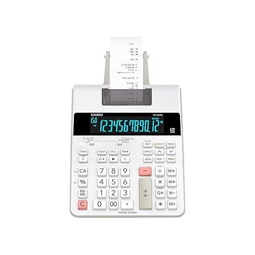 카시오 Casio HR-300RC Printing Calculator with Backlit LCD Display,White,Mini-Desktop