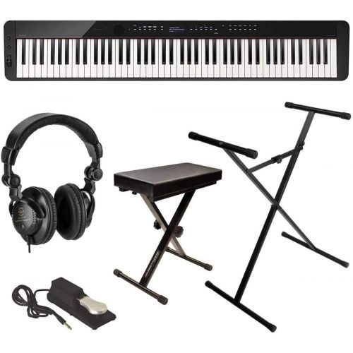 카시오 Casio PX-S3000 Privia 88-Key Slim Digital Console Piano with 700 Tones & 200 Rhythms, Black - Bundle With On-Stage KPK6520 Keyboard Stand/Bench Pack, Behringer HPS3000 HP Studio He