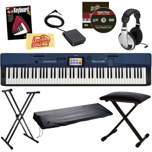 카시오 Casio Privia PX-560 Digital Piano - Blue Bundle with Adjustable Stand, Bench, Dust Cover, Headphones, Sustain Pedal, Instructional Book, Austin Bazaar Instructional DVD, and Polish