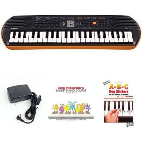 카시오 [아마존베스트]Casio SA76 44 Keys 100 Tones Keyboard bundle with Casio Power Supply, John Thompsons Easiest Piano Course and ABC Keyboard Stickers