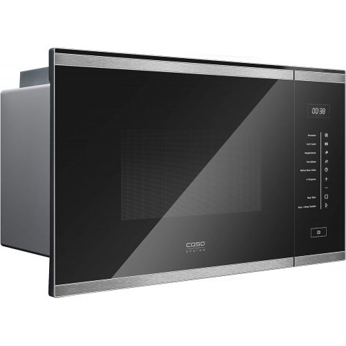  CASO EMGS25 Design Einbaumikrowelle mit Grill, fuer 38er Nische, ca. 25 Liter, Black-Glass mit Applikationen aus Edelstahl, 900 Watt Mikrowelle, 1000 Watt Grill