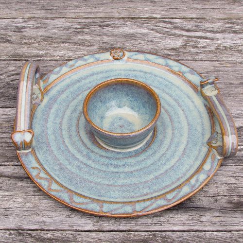  Castle Arch Pottery Ireland Pottery Handmade Party Platter with Dip Bowl. 9” Diameter Serving Plate with Celtic Spiral Logo. Original Irish Design Hand-Glazed for Durability and Quality of Finish