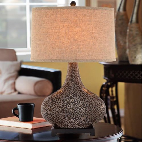  Catalina Lighting Catalina 19089-001 3-Way 28-Inch Embossed Ceramic Table Lamp with Bronze and Gold Finish and Textured Linen Modified Drum Hardback Shade, Bulb Included