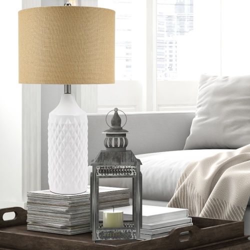  Catalina Lighting 19970-001 Transitional 3-Way Geometric Quilted Ceramic Table Lamp with Linen Shade 26.5 White Classic