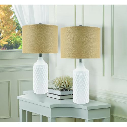  Catalina Lighting 19970-001 Transitional 3-Way Geometric Quilted Ceramic Table Lamp with Linen Shade 26.5 White Classic