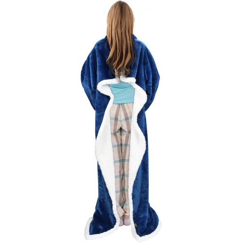  [아마존핫딜][아마존 핫딜] Catalonia Sherpa Wearable Blanket with Sleeves & Foot Pockets for Adult Women Men,Comfy Snuggle Wrap Sleeved Throw Blanket Robe,Gift Idea,Blue